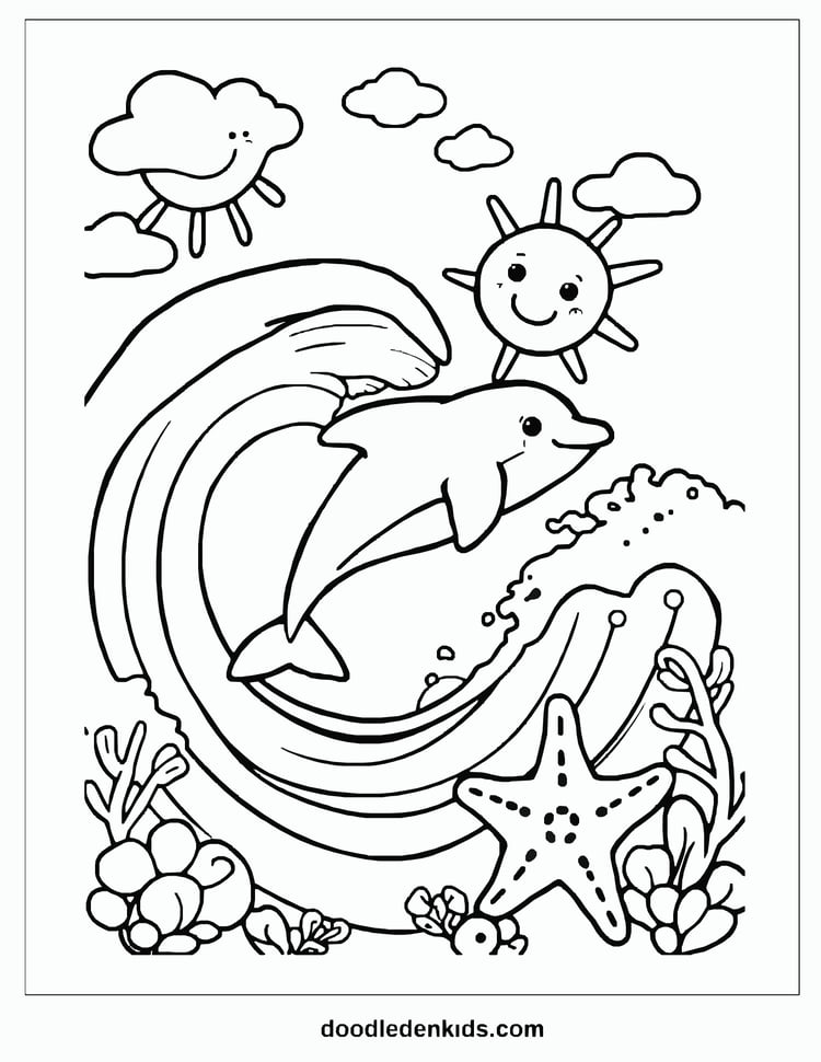 rainbow-dolphin-ocean- coloring-page.png – Dolphin jumping through rainbow wave with sun and starfish nearby.
