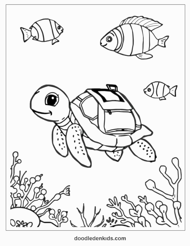 Cute sea turtle wearing a shell backpack swimming with fish over a coral reef; sweet and educational ocean coloring illustration.