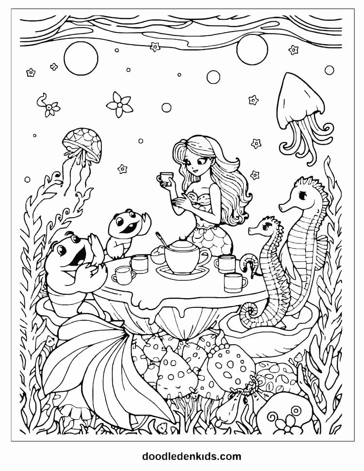 mermaid-tea-party-ocean-coloring-page.png – Mermaid having tea with crabs, jellyfish, and seahorses on shell chairs.