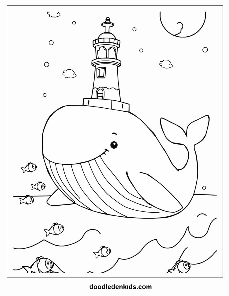 smiling-whale-lighthouse-ocean-coloring-page.png – Giant whale with lighthouse on head surrounded by glowing fish.