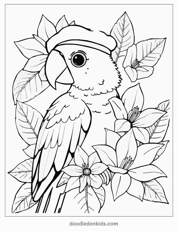 Bright parrot wearing a beret painting giant tropical flowers with its feathers in a lush jungle; playful children’s coloring illustration.