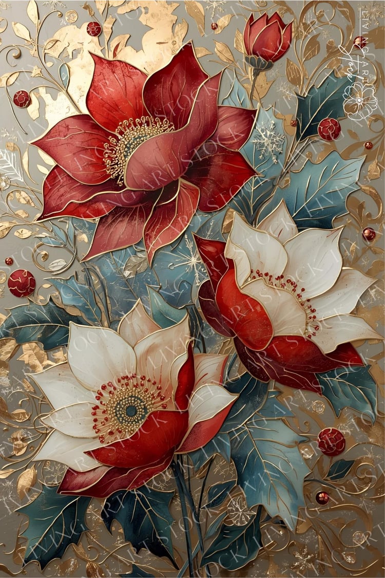 A highly elegant and detailed Christmas background featuring a centerpiece of large, sculptural winter flowers in vibrant deep red and creamy white. The blooms are surrounded by stylized holly leaves in cool dusty blue and teal, all richly outlined in met