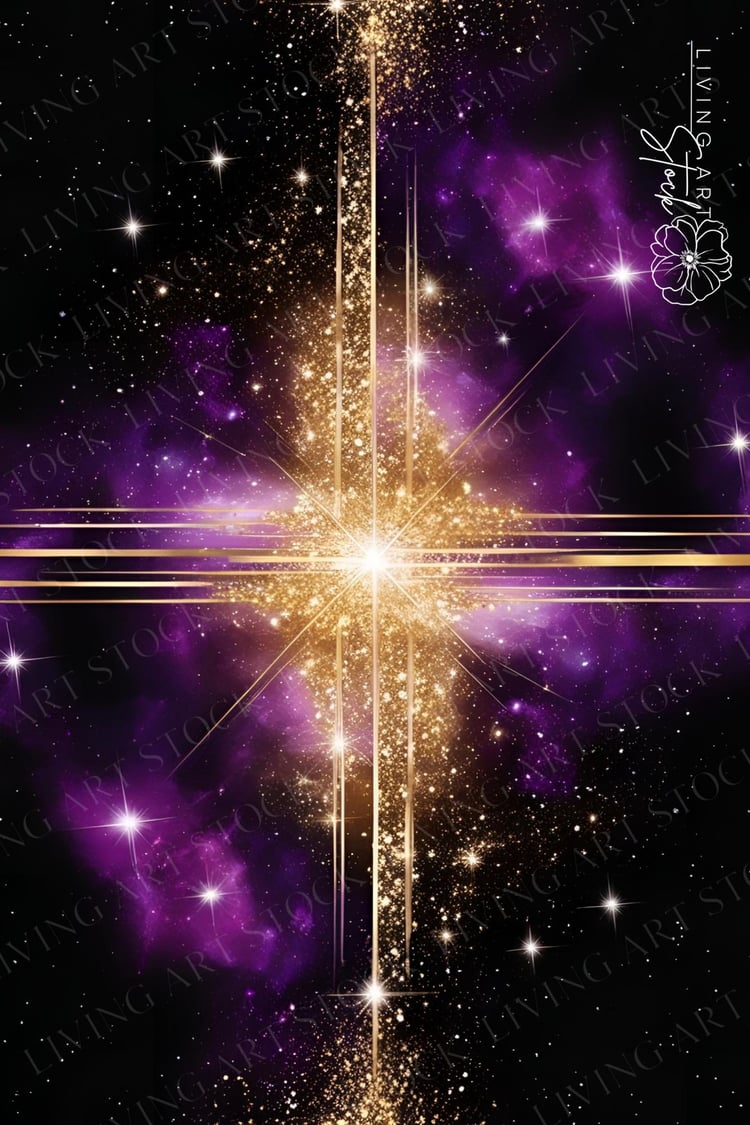 Black and Purple galaxy background with gold glitter cross center
