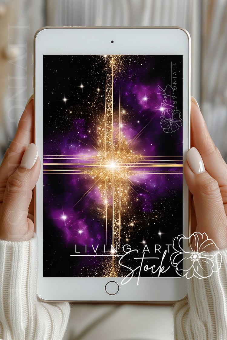 Purple galaxy wallpaper with gold glitter cross