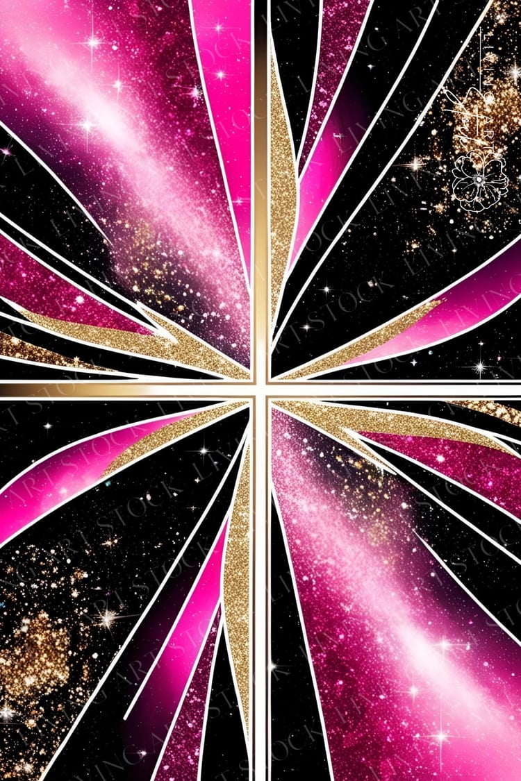 bold and dynamic abstract background featuring a geometric design reminiscent of Art Deco or stained glass, divided into quadrants by a cross shape. The composition is highly stylized, combining stark black segments with vibrant fuchsia pink and magenta g