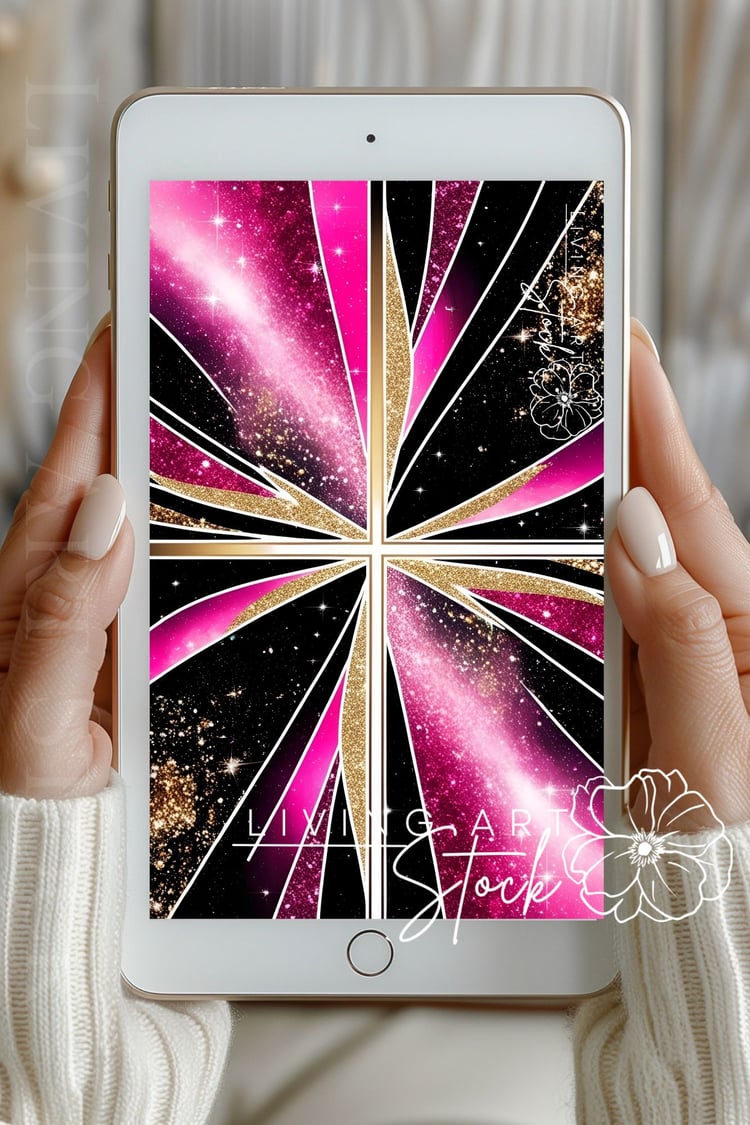 bold and dynamic abstract background featuring a geometric design reminiscent of Art Deco or stained glass, divided into quadrants by a cross shape. The composition is highly stylized, combining stark black segments with vibrant fuchsia pink and magenta g