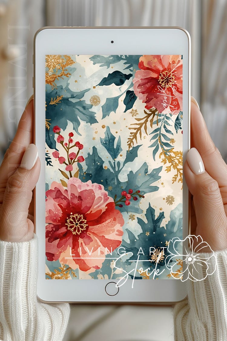 A delicate and modern watercolor pattern featuring large, stylized winter flowers in soft, textured washes of red and pink with contrasting teal and blue-green foliage, reminiscent of holly or thistle leaves. The artwork has a loose, painterly feel, accen