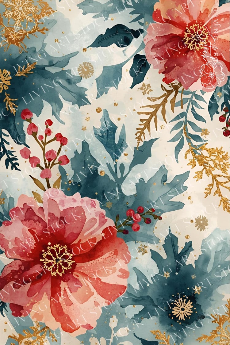A delicate and modern watercolor pattern featuring large, stylized winter flowers in soft, textured washes of red and pink with contrasting teal and blue-green foliage, reminiscent of holly or thistle leaves. The artwork has a loose, painterly feel, accen