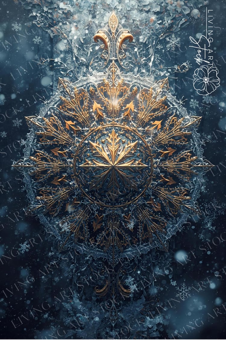 A highly detailed and symmetrical image centered around an intricate medallion design, evoking a powerful winter motif. The design is a fusion of metallic gold scrollwork and frosted, icy textures in shades of white and cool blue-grey, suggesting a magnif