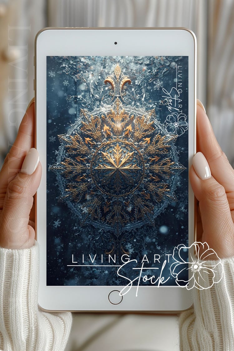 A highly detailed and symmetrical image centered around an intricate medallion design, evoking a powerful winter motif. The design is a fusion of metallic gold scrollwork and frosted, icy textures in shades of white and cool blue-grey, suggesting a magnif