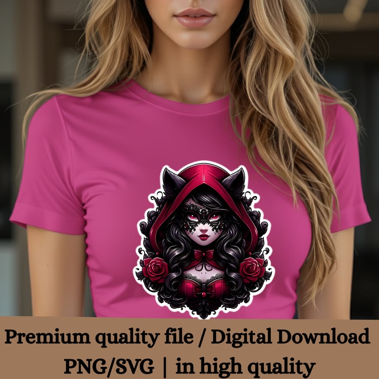 Gothic lady, masked girl, red hood, digital gothic art, sublimation png, craft svg, 6000px digital file, transparent background, dark design, gothic female art, gothic stickers, red hood png, commercial gothic illustration, printable art, digital download