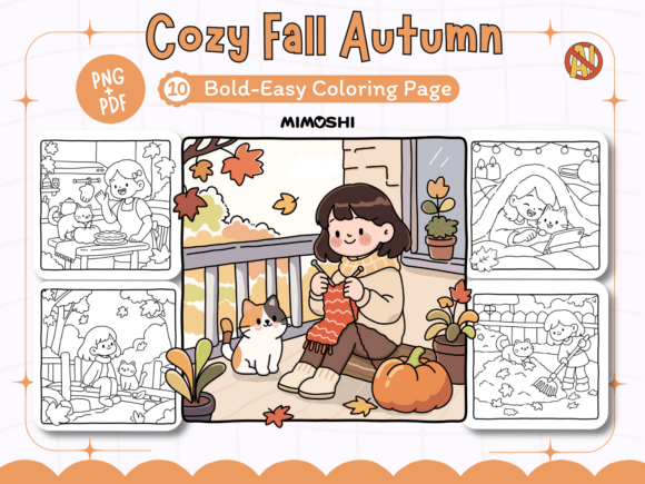 Cozy fall coloring page of girl knitting scarf with cat beside her