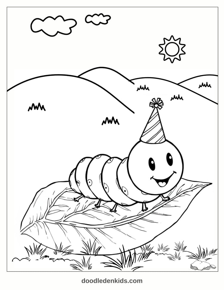 Cute caterpillar with a party hat on a leaf – ready to print and color. - Free Printable
