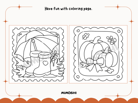 Cute woodland animals fall postage stamp coloring page  Cozy drink and harvest basket fall coloring page for adults
