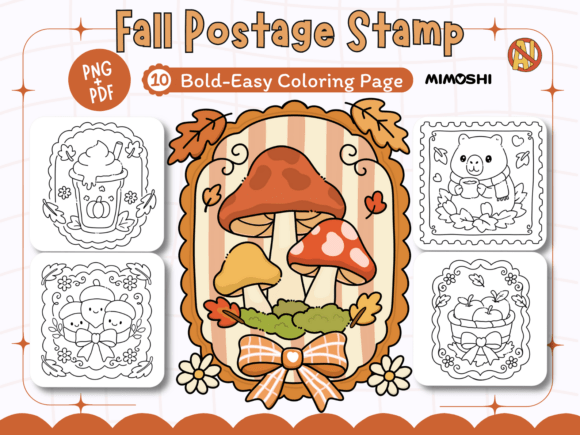 Fall postage stamp coloring page with mushrooms and autumn leaves  Vintage autumn coloring sheet featuring acorns and pumpkins