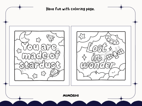 Printable space scene with rocket, moon, and planets for kids  Kawaii astronaut coloring sheet with shooting stars and galaxy