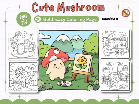 Kawaii mushroom coloring page for kids and adults printable PDF  Cute mushroom character painting flower forest coloring sheet