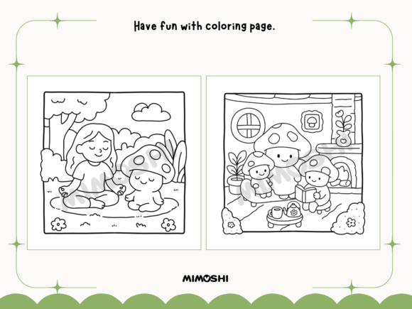 Adorable kawaii forest scene coloring page for relaxation  Printable mushroom art coloring page for homeschool activities