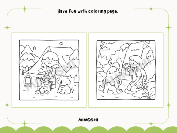 Adorable outdoor nature coloring page girl and dog  Scenic mountain hike coloring page for relaxation