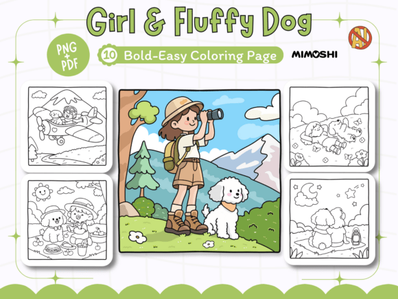 Cute girl and fluffy dog coloring page printable PDF  Girl hiking with dog coloring sheet for kids and adults
