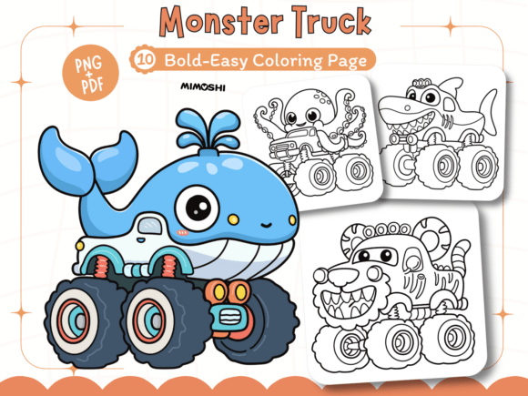Monster truck coloring page with cute crocodile printable PDF  Hand-drawn shark monster truck coloring sheet for kids