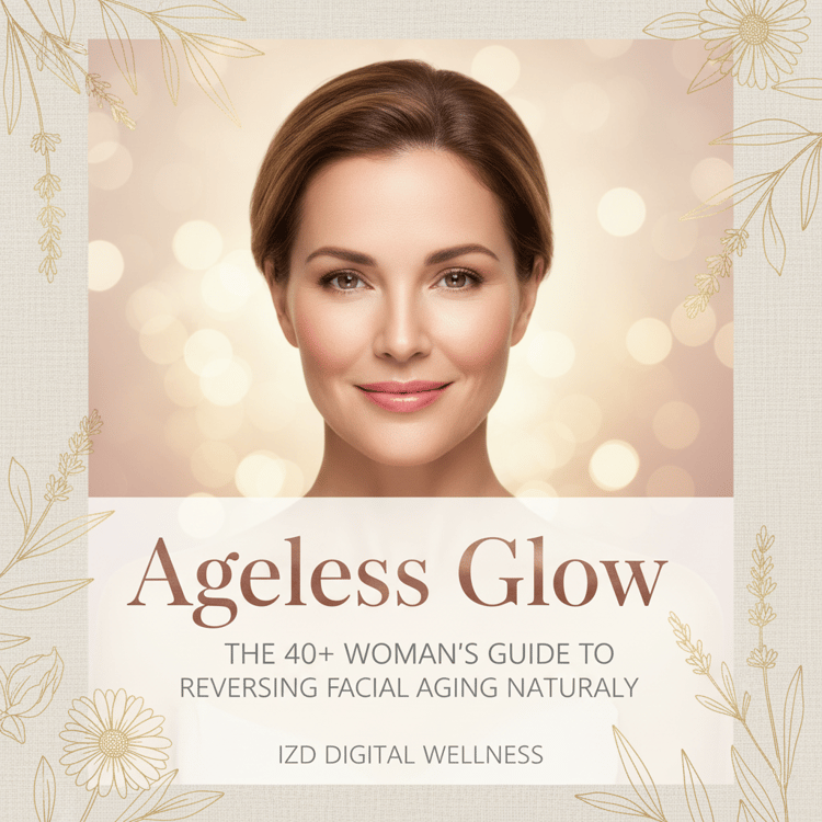 eBook cover for Ageless Glow showing a smiling mature woman with healthy glowing skin and natural floral background