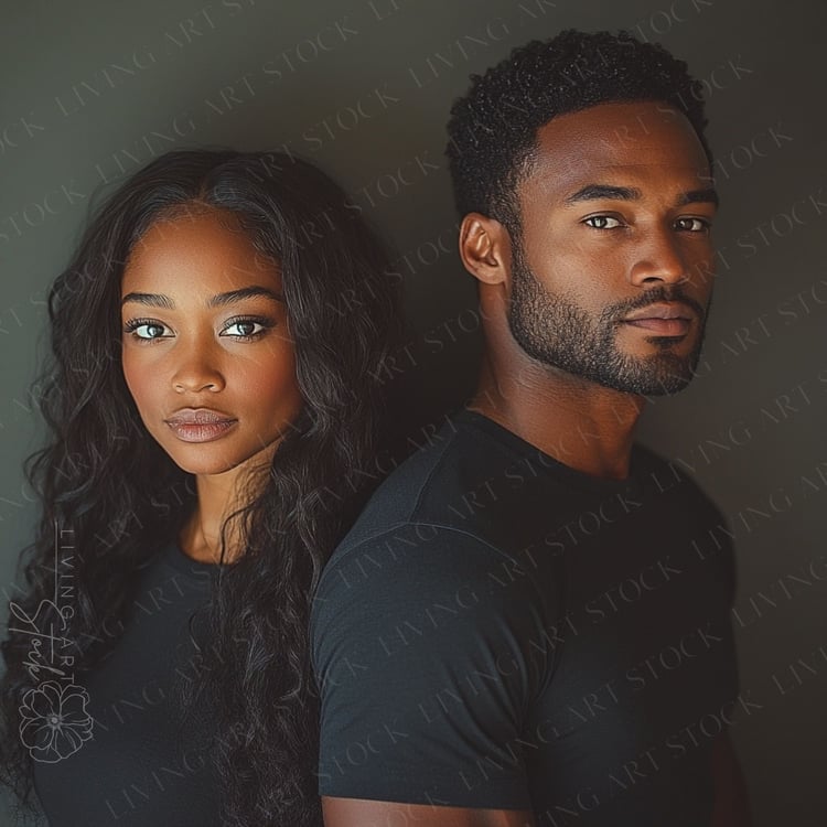 A dramatic and compelling studio portrait of a serious and attractive Black couple standing back-to-back. The woman, with long, wavy dark hair and striking eyes, stands on the left. The man, with a neat beard and short, textured hair, stands on the right.