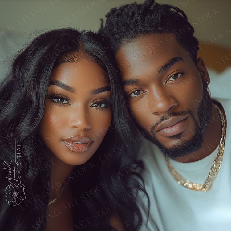 A very close-up and intimate portrait of an attractive Black couple with a strong, affectionate connection. They are positioned cheek-to-cheek, looking directly at the camera with warm and engaging expressions. The woman has long, flowing dark hair and gl