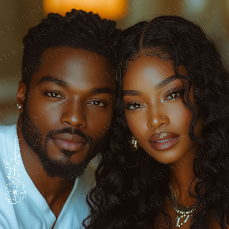 A captivating, high-fashion close-up portrait of a beautiful Black couple looking directly at the camera with intense and alluring gazes. They are positioned intimately, with their heads close together. The woman has long, wavy dark hair, striking eye mak