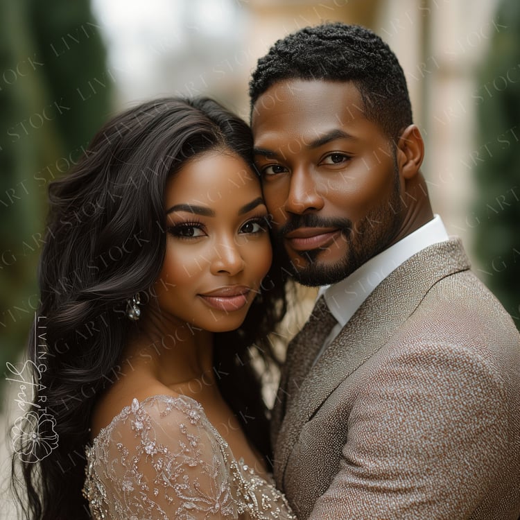 Black Man and Woman Embracing for a Photoshoot, She is Wearing Beige Chiffon Beaded Dress While He is Wearing a Taupe Suit with Tie