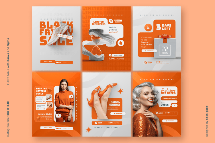 Vexa Black Friday Instagram Post templates showcasing 6 different designs with sale offers, countdowns, and VIP exclusive deals. Editable in Canva and Figma.