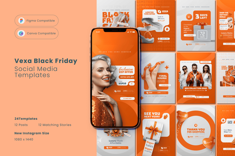 Vexa Black Friday Social Media Templates kit cover showing 24 fully editable Posts and Stories in an orange aesthetic. Compatible with Canva and Figma.
