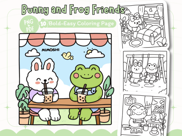 Cute bunny and frog coloring page printable PDF  Kawaii bubble tea animals coloring sheet for kids and adults