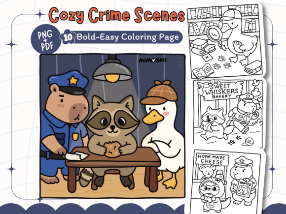 Cozy crime coloring page with capybara cop solving mystery  Goose detective animal coloring sheet printable for kids