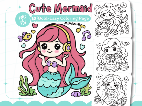 Cute mermaid coloring page printable for kids and adults  Kawaii mermaid underwater coloring sheet digital download