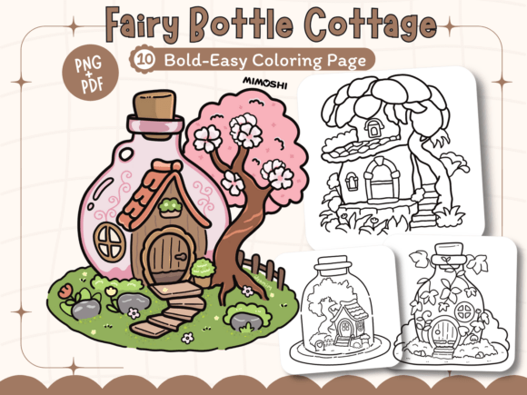 Fairy bottle cottage coloring page printable fantasy house  Whimsical fairy house in bottle coloring sheet for kids