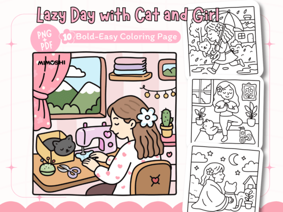 Cozy lazy day coloring page of girl with cat printable  Cat lover coloring book page for relaxation and mindfulness
