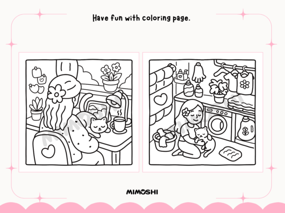 Cute girl with cat cozy scene coloring page PDF download  Lazy afternoon cat and girl coloring sheet for adults