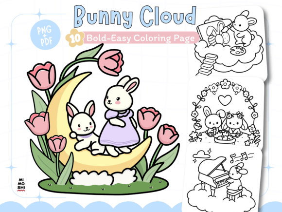 Cute bunny cloud coloring page printable PDF  Dreamy bunny on moon coloring page for kids