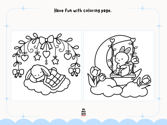 Baby bunny sleeping on clouds coloring sheet  Kawaii bunny and moon coloring book PNG