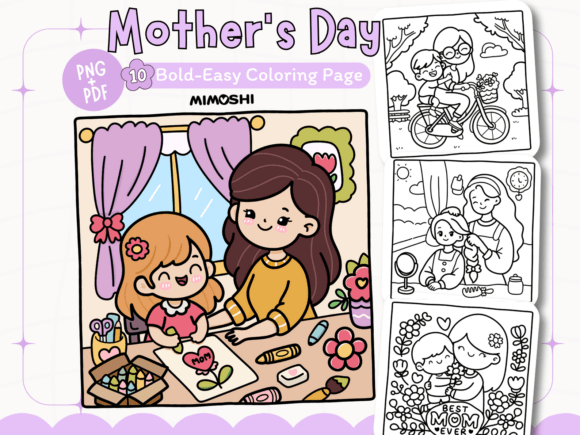 Happy Mother’s Day coloring page printable PDF  Cute mom and daughter coloring sheet for kids