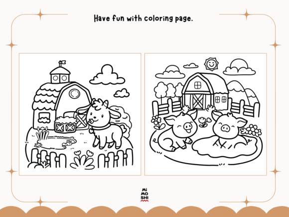 Farm animal coloring page for kids  Rustic countryside coloring book for adults