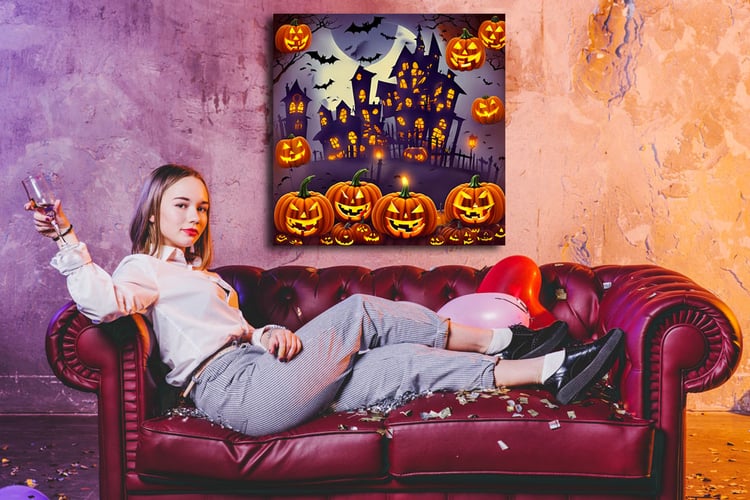 Two Halloween digital wall art prints — abstract spooky home decor in warm fall tones, perfect for living rooms or creative interiors.