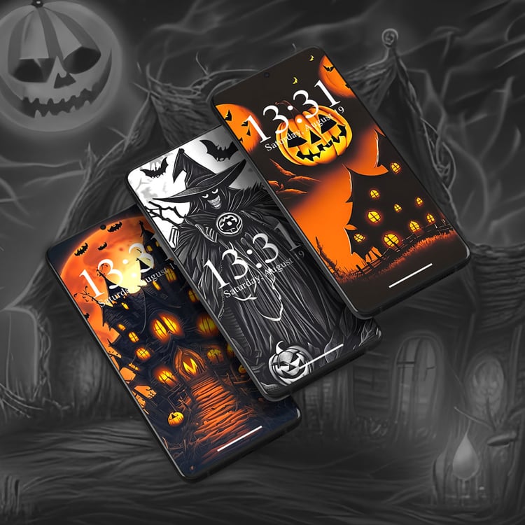 Set of 3 Halloween smartphone wallpapers — pumpkins, skeletons, and spooky art digital backgrounds for phones.