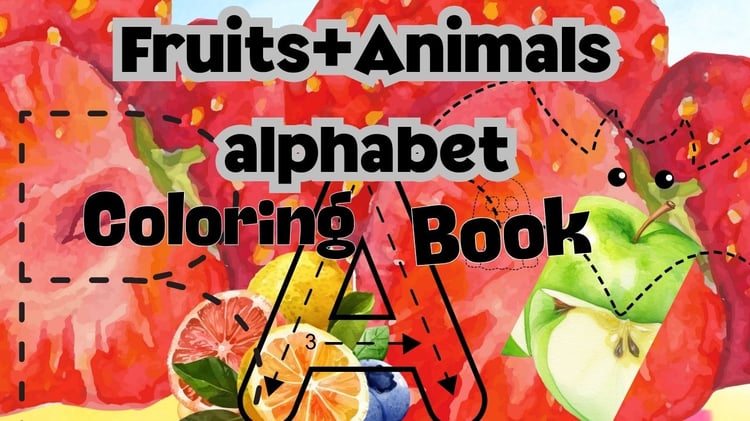 Fruits & Animals Alphabet Coloring Book cover for kids, featuring colorful ABC letters and cute animals, perfect for preschool and toddler learning.
