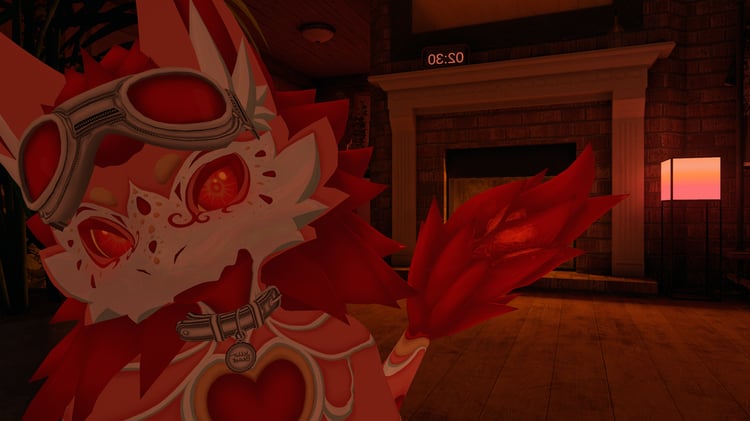 Strawberry varient sitting in front of a fireplace