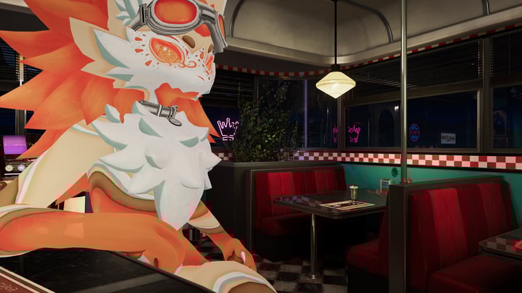 Orange varient sitting at a counter at a diner