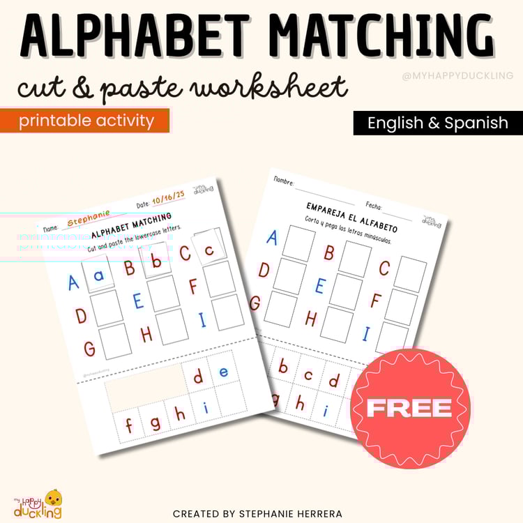 Alphabet matching cut and paste worksheet printable activity in English and Spanish