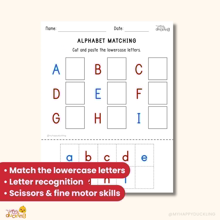 Free alphabet matching cut and paste printable for kids