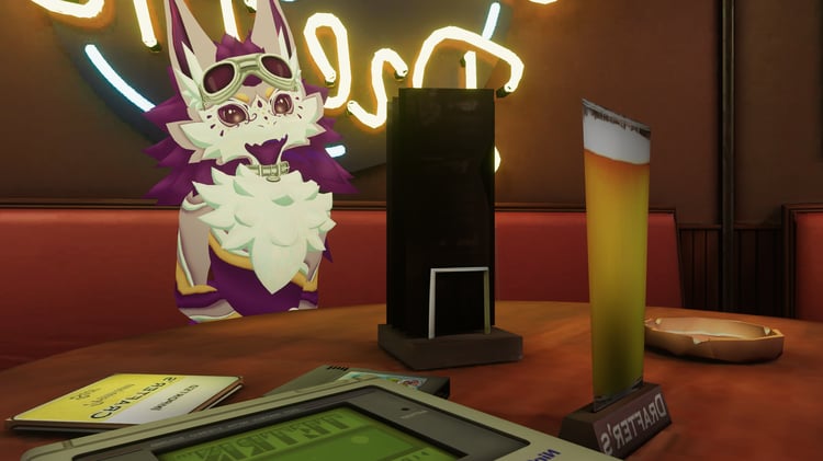 Grape varient sitting at a booth at a cozy 90s diner